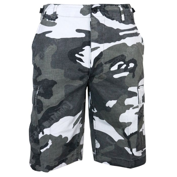 A front view of a pair Urban Camo BDU Rip Stop Cargo Shorts