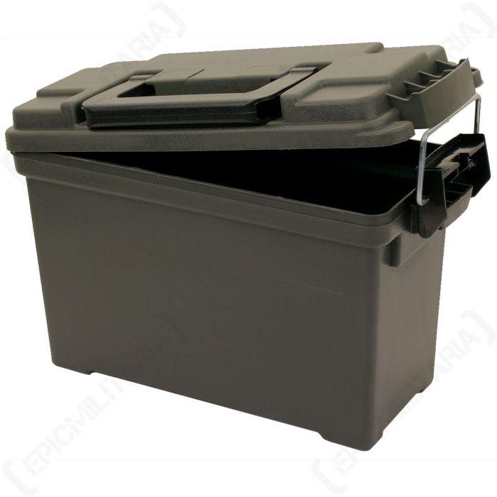 Side view of partially open olive US Army plastic ammo box