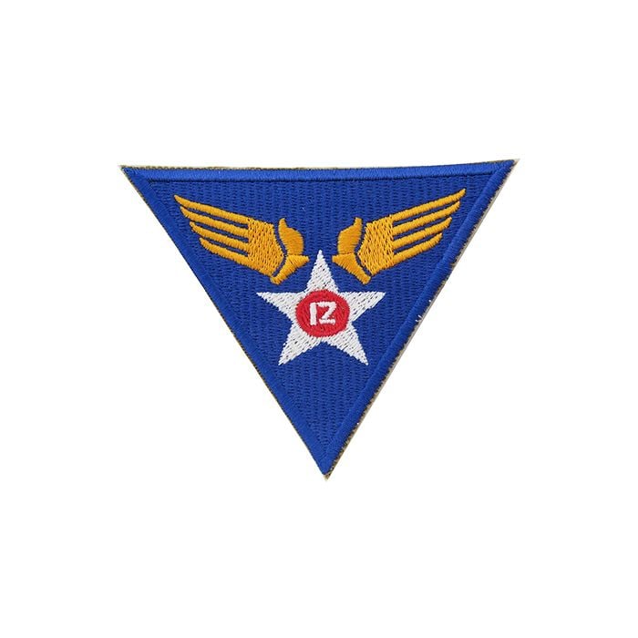 Upside down blue embroidered insignia with white star and gold wings, with red star and white number 12 in the middle of the white star - US 12th Airforce Badge/Patch