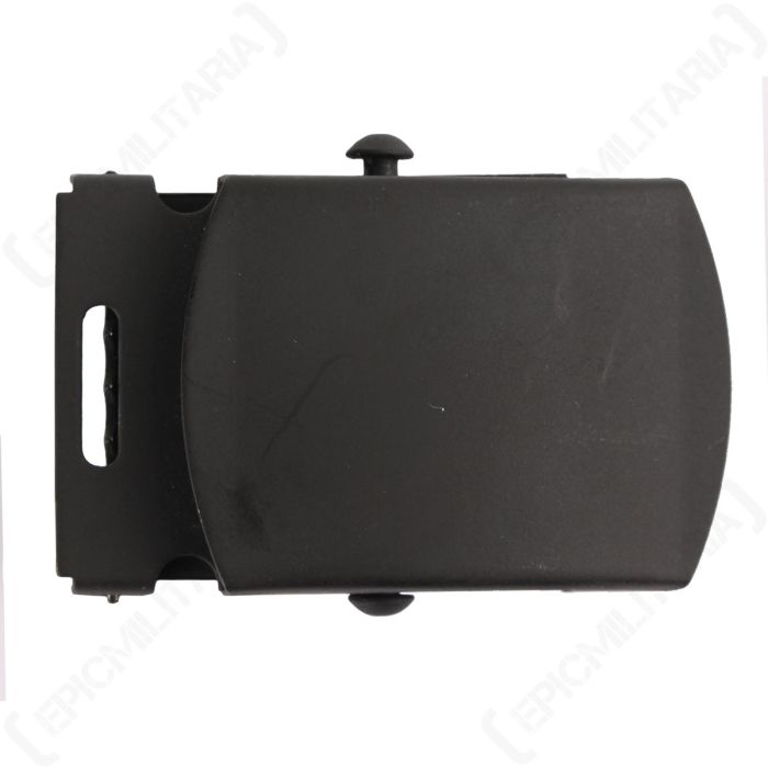 Front view of rectangular black belt buckle