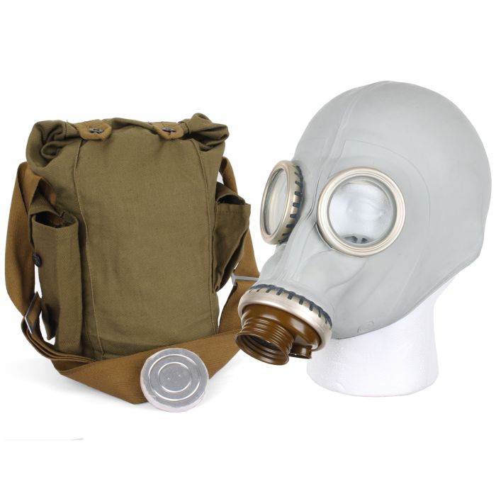 A view of the GP5 Russian gas mask from the front with the gas mask bag