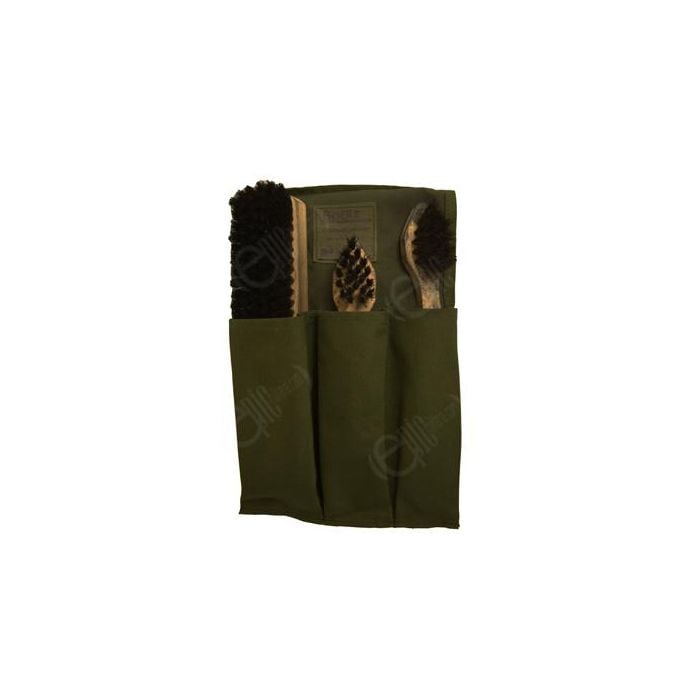 Three wooden brushes with black bristles in green bag