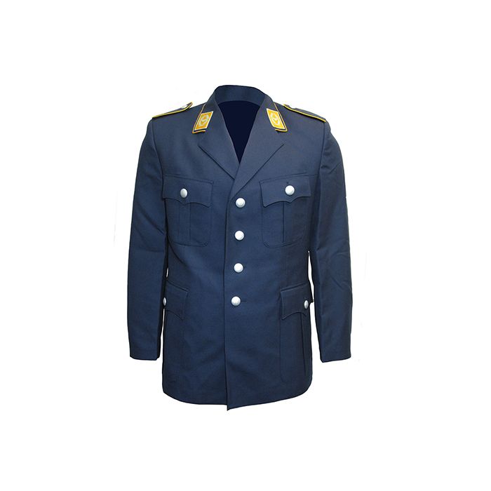 Front view of dark blue Luftwaffe Officer 4 Pocket Tunic with gold-coloured rectangular collar tabs, gold-coloured piping on the collar, and four silver-coloured buttons on the front. The tunic is on a white background.