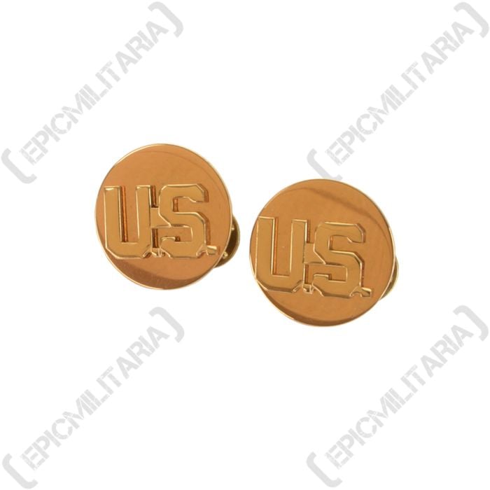 Front of pair of gold-coloured circular collar discs with US on them