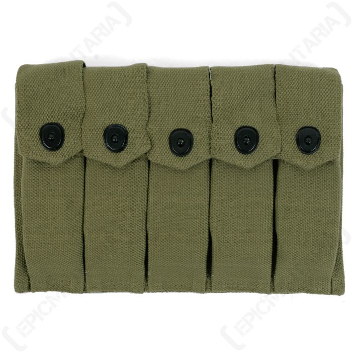 Front view of 5 vertical rectangular olive green pouches with black popper style button closure