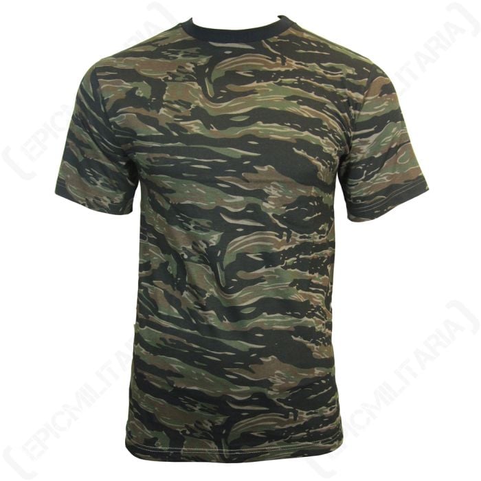 Front view of Tiger Stripe Camo T-shirt with green and brown colouring