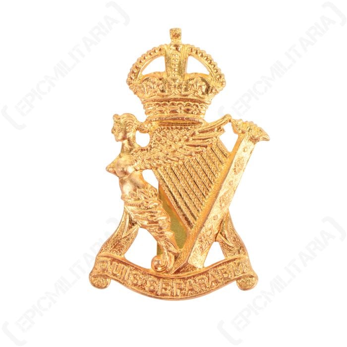 Front of gold coloured British Ulster Rifles Regiment Cap Badge