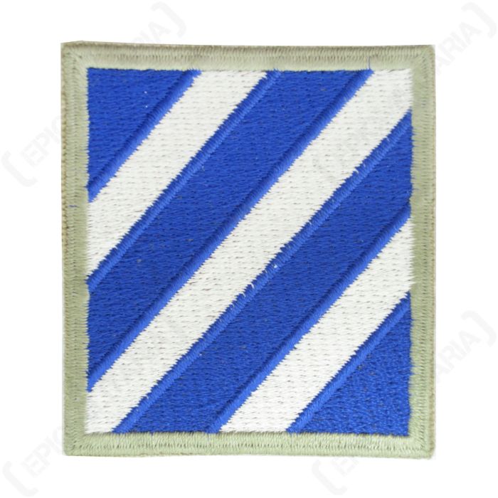 Square khaki green embroidered insignia with alternating blue and white diagonal stripes - 3rd Infantry Division Rock of the Marne