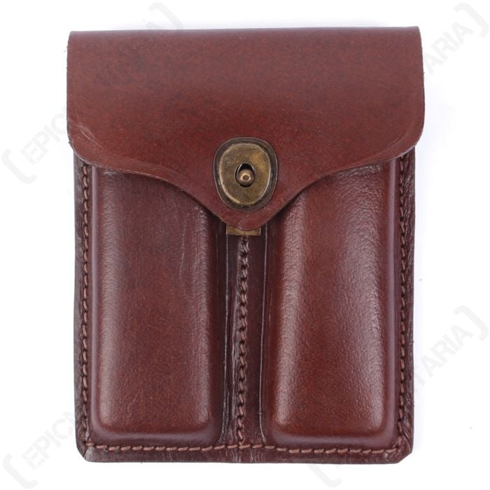 Front of brown leather US .45 Cal Ammo Pouch with brass popper style closure