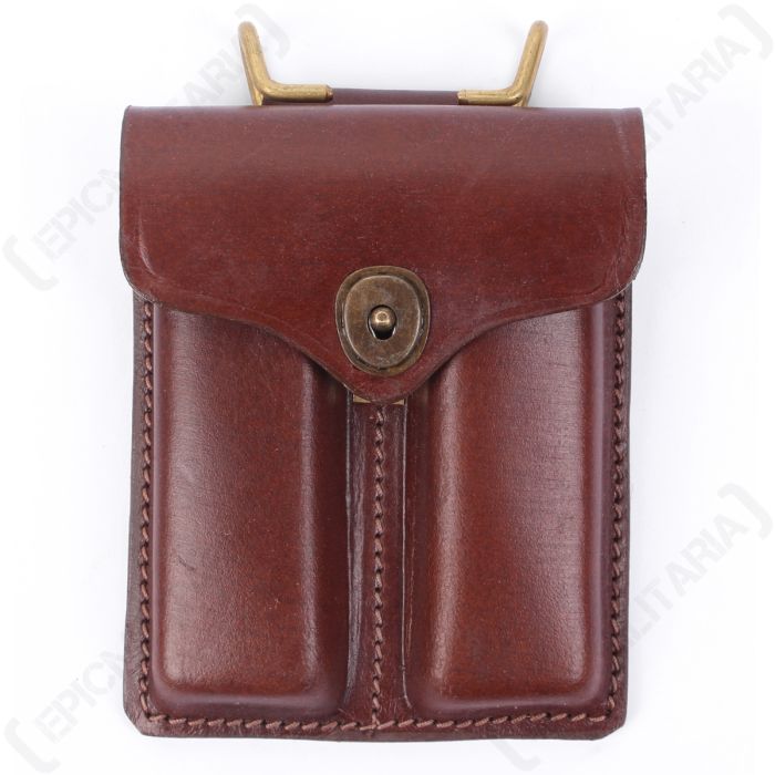 Front view of brown leather US .45 Cal Ammo Pouch with brass popper style button closure