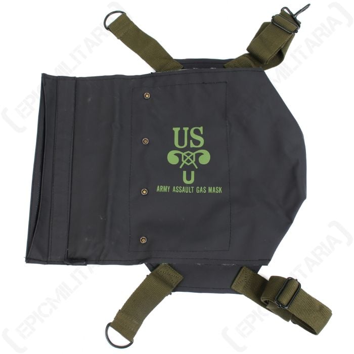 Black US Army Assault Gas Mask with four olive green straps, and with US ARMY ASSAULT GAS MASK printed in green in the middle of the black bag