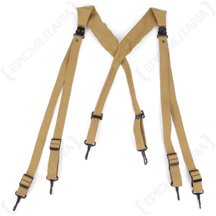 Front view of khaki webbing suspenders with black clips