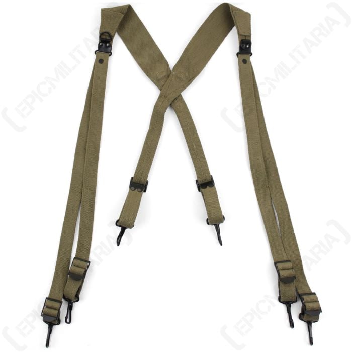 Front view of khaki canvas webbing suspenders with black buckles and clips
