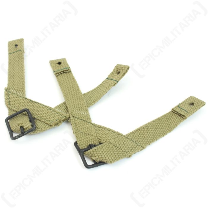 Pair of khaki canvas US Inland Helmet A Yokes with green stitching and olive buckles
