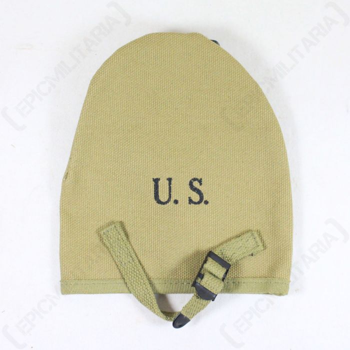 Front view of khaki canvas American M1910 Shovel Cover with U.S. stamped in black in the middle