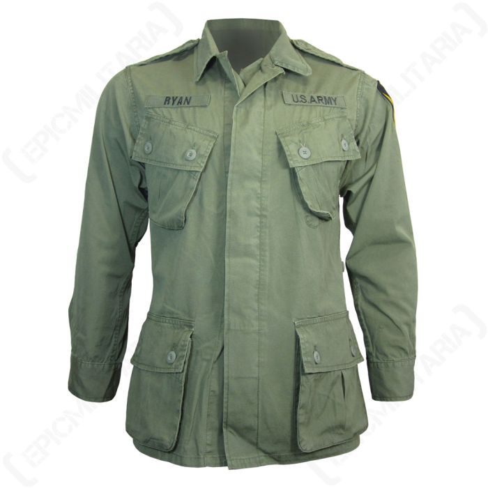 Front view of US Olive Green Vietnam era long sleeve jacket with two chest pockets and two lower front pockets