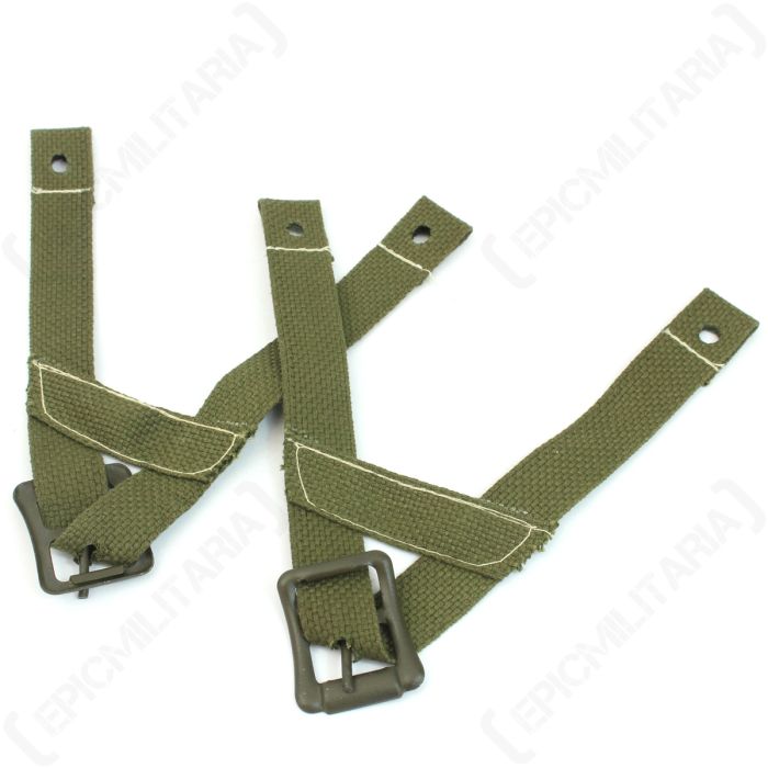 Pair of green canvas US Westinghouse Helmet A Yokes with white stitching and green buckles