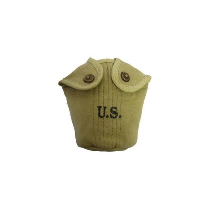 Green canvas American Army Water Bottle Cover with US stamped on the front in black