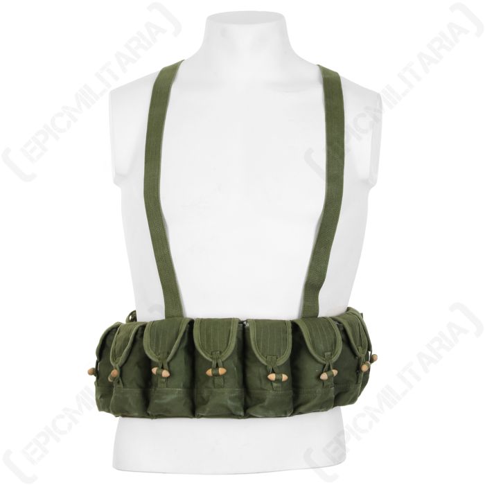 Front view of olive green North Vietnamese Army 10 pocket bandolier with toggle buttons and suspender style straps