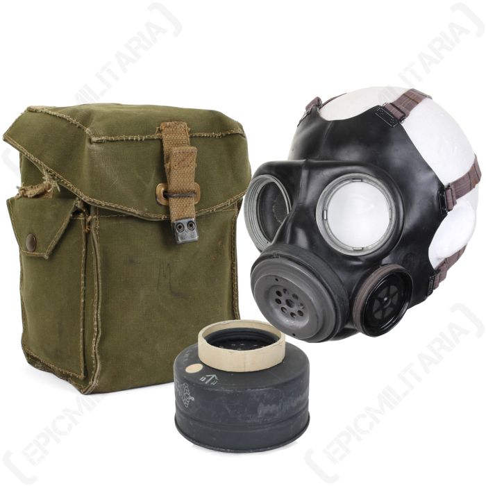 This view shows the front of the Original British Army M44 Gas Mask with Bag