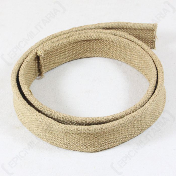 Rolled up length of cotton canvas in khaki colour, on a white background
