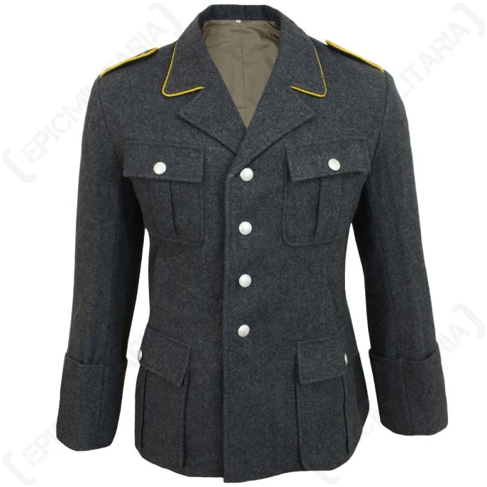 Front view of the tunic clearly showing the collar with yellow lining, the buttons and the square pockets.