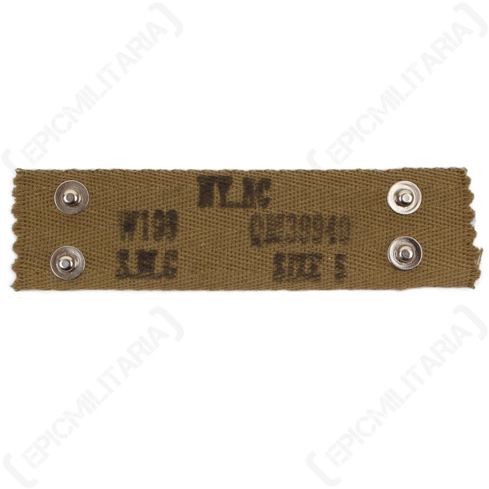 Khaki canvas US helmet liner nape strap with four popper buttons in each corner and black text stamped in the middle