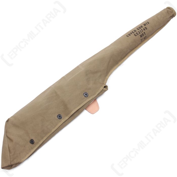 Top view of khaki canvas WW2 US M13 Gun Cover, with two black popper-style buttons and black text on the top end