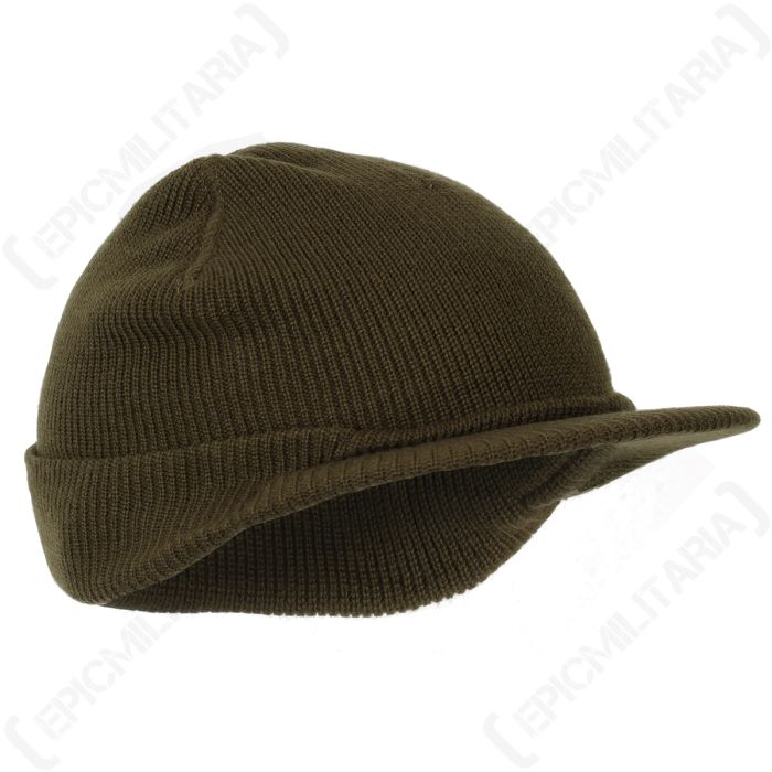 Side view of WW2 US Olive Drab Jeep beanie cap with peak