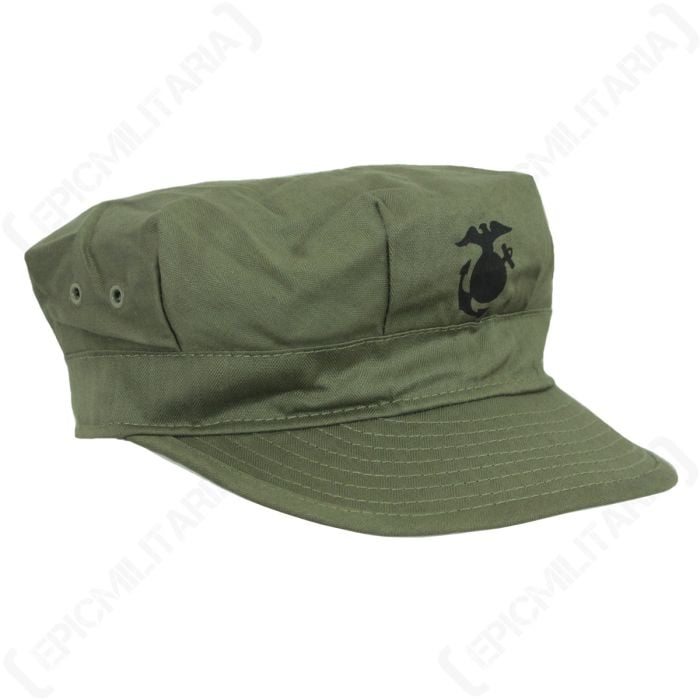 Side view of olive green WW2 USMC Pacific Cap with peak