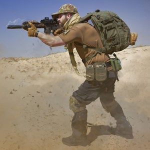 A person engaged in combat wearing modern militaria and gear