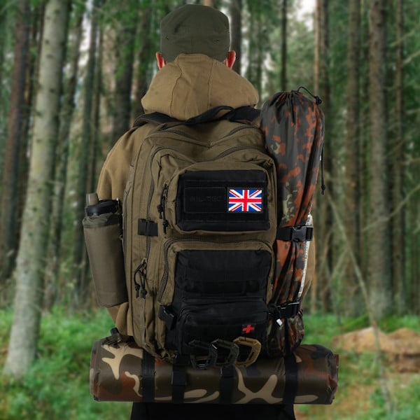 a MOLLE rucksack kitted out with equipment on someones back