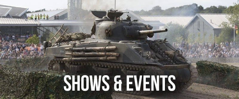 An image of a tank with the words "Shows & Events" leading to our show schedule page